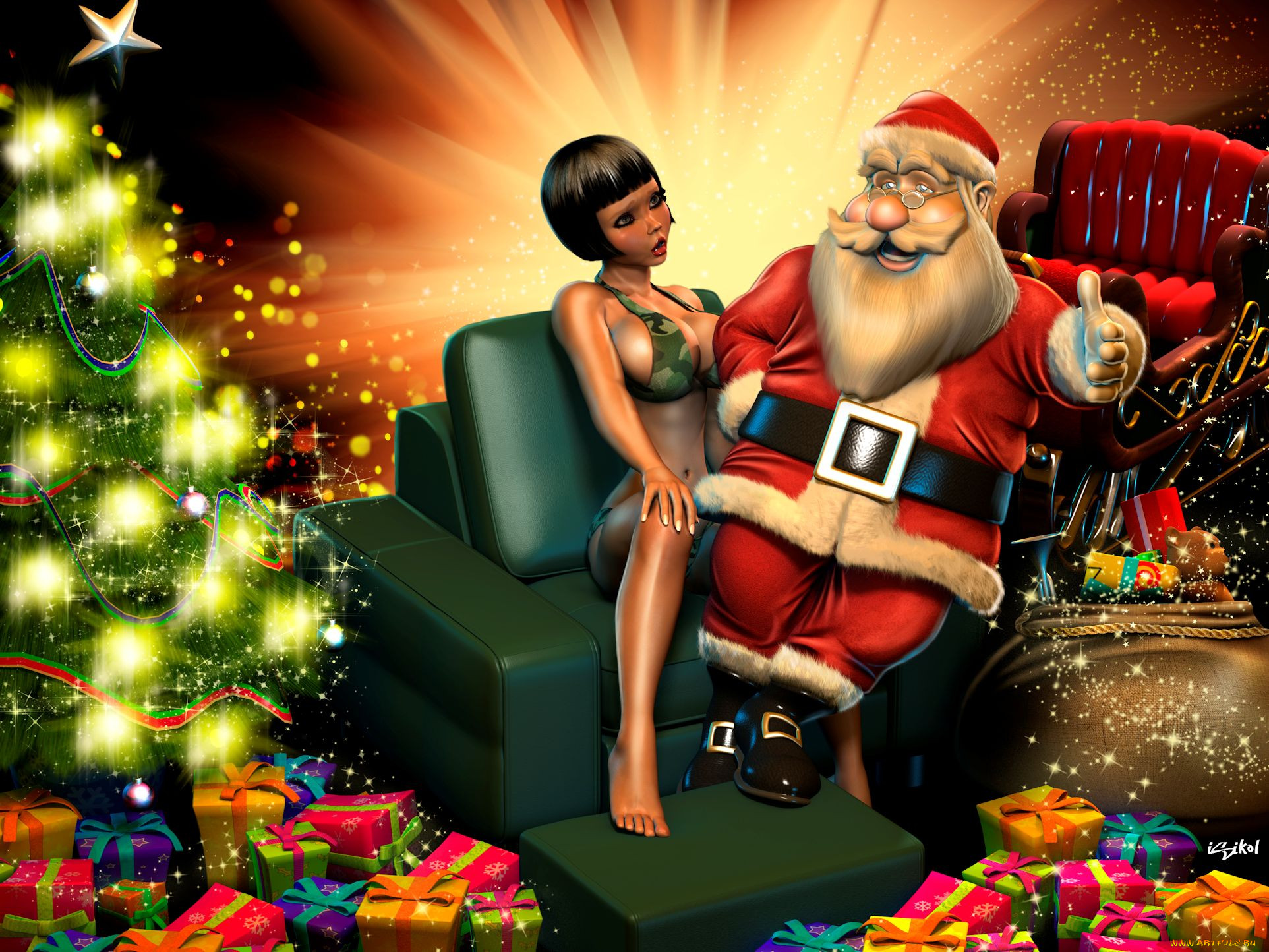 Три сучки в колпаках Санта Клауса подарили одному счастливчику секс на новый год