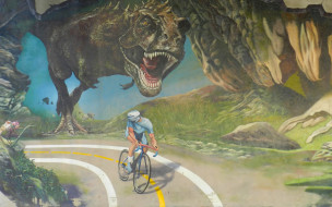юмор и приколы, велосипедист, погоня, дорога, динозавр, тираннозавр