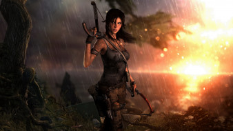 видео игры, tomb raider 2013, фон, дождь, оружие, взгляд, девушка