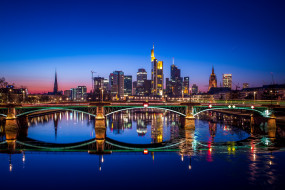 города, франкфурт-на-майне , германия, ночной, город, франкфурт, отражается, в, воде