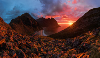      2048x1195 , , , sunset, sea, sun, norway, landscapes, stones, rain, sky, clouds, landscape, red, northern, mountains