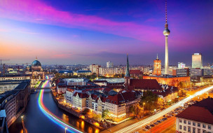 города, берлин , германия, вечер, панорама, телевышка, мосты, река