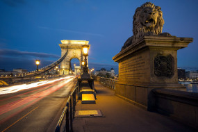 города, будапешт , венгрия, фонари, мост, вечер, лев