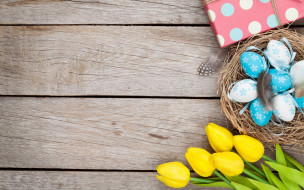      1920x1200 , , yellow, , easter, wood, decoration, tender, tulips, eggs, happy, spring