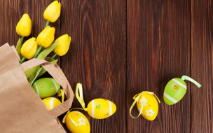      1920x1200 , , decoration, happy, spring, wood, yellow, , easter, eggs, tender, tulips