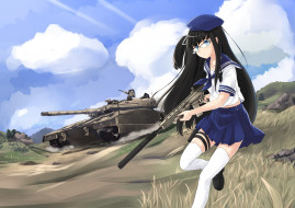      3507x2480 , ,  ,  , girl, gun, weapon, anime, brunette, rifle, tank, japanese, seifuku