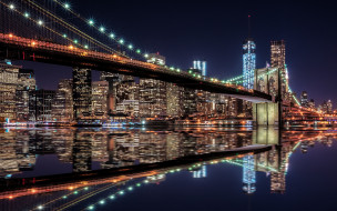 brooklyn bridge & lower manhattan skyline,  new york, города, нью-йорк , сша, мост, ночь, огни, река