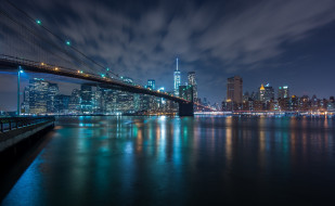 brooklyn bridge & lower manhattan, города, нью-йорк , сша, огни, ночь, река, мост