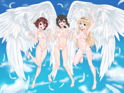 аниме, kantai collection, ангелы, фон, взгляд, девушки