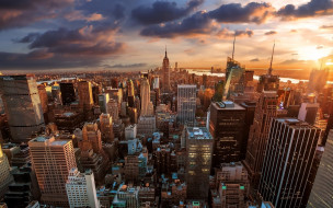города, нью-йорк , сша, панорама, закат, тучи, небо, дома, здания
