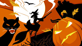      1920x1080 , , halloween, moon, vector, art, spooky, flying, broom, house, scary, black, cats, witch, pumpkin, holiday, bat