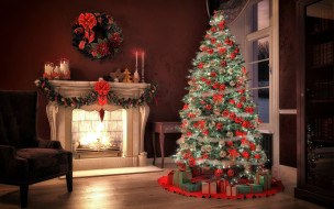 праздничные, новогодний очаг, елка, кресло, камин, венок