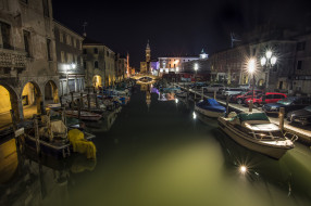 chioggia venezia, корабли, порты ,  причалы, ночь, огни