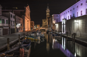 chioggia venezia, корабли, порты ,  причалы, огни, ночь