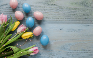      2880x1800 , , wood, , decoration, happy, spring, , , yellow, tender, , easter, , , , eggs, flowers, tulips, pink