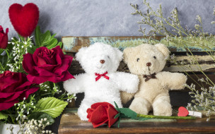      2880x1800 , , valentine's, day, , love, wood, bear, cute, roses, heart, , , , , red, teddy, flowers, , , gift, romantic, 