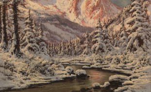 , , winter, landscape, with, sunset, mountains, and, a, river, , , , , , , , , , , hungarian, painter, laszlo, neogrady, , 