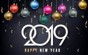 , 3  ,  , , , colorful, , , , golden, , , black, balls, background, new, year, happy, sparkle, 2019