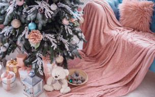 , , , , , , , , , christmas, balls, design, pink, new, year, gift, room, interior, home, sofa, teddy, bear, decoration, merry, fir, tree