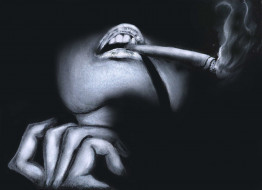 рисованное, минимализм, девушка, фон, губы, сигарета