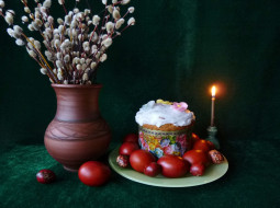 праздничные, пасха, верба, веточки, кулич, ваза, яйца, тарелка, свеча, огонь