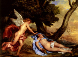 cupidon et psyche huile sur toile, рисованное, antoine van dyck, дерево, девушка, ангел