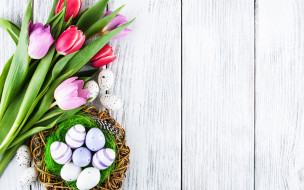      2880x1800 , , , , colorful, , happy, wood, pink, flowers, tulips, easter, purple, eggs, decoration