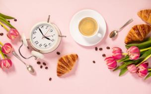 , ,  , , , , pink, flowers, tulips, coffee, cup, purple, , croissant, , , floral
