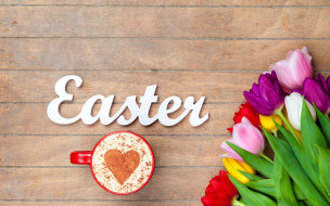 , , , , colorful, , happy, wood, flowers, tulips, coffee, cup, easter, , 