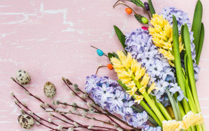 , , , , colorful, happy, wood, , flowers, easter, eggs, decoration, hyacinth