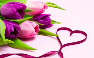 ,   ,  ,  , , , , , , , love, heart, pink, flowers, romantic, tulips, purple, ribbon