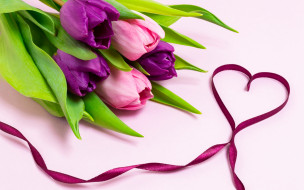 ,   ,  ,  , , , , , , , love, heart, pink, flowers, romantic, tulips, purple, ribbon