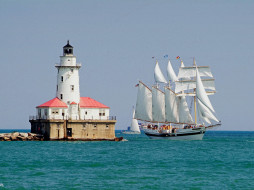 Tall Ship Windy Sails Past the Chicago Harbour Lighthouse, Illinois     1600x1200 tall, ship, windy, sails, past, the, chicago, harbour, lighthouse, illinois, , 