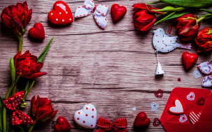 праздничные, день святого валентина,  сердечки,  любовь, банты, сердечки, тюльпаны