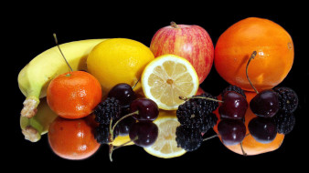 еда, фрукты,  ягоды, банан, цитрусы, вишня, ежевика