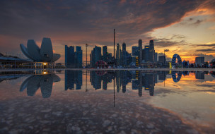города, сингапур , сингапур, cингапур, вечер, закат, небоскребы, панорама, современная, архитектура, городской, вид