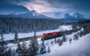 техника, поезда, канадские, скалистые, горы, зима, боу-ривер, вечер, боу-вэлли, закат, снег, лес, альберта, канада, национальный, парк, банф