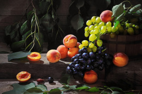 еда, фрукты,  ягоды, персики, виноград