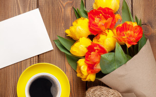 цветы, тюльпаны, записка, кофе, букет