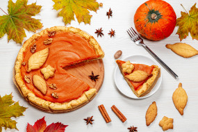 еда, пироги, осень, листья, пирог, тыква, натюрморт