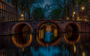 города, амстердам , нидерланды, ночь, канал