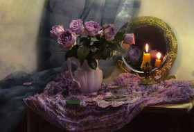 цветы, розы, зеркало, свеча, букет