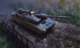 рисованное, армия, танк, мост, солдат