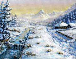 рисованное, живопись, горы, лес, снег, дома, зима, ручей