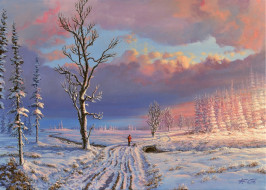 рисованное, живопись, облака, дорога, снег, зима, деревья, речка, человек