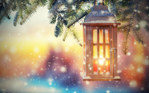 свет, праздничные, новогодние свечи, рождество, фонарь, ёлка, снег