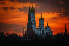 города, москва , россия, вечер, фонари, москва, храм, кремль, архитектура, колокольня, ивана, великого, закат, зодчество