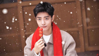 мужчины, xiao zhan, лицо, шарф, пальто, снег, конфета
