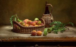 еда, персики,  сливы,  абрикосы, бутыль, корзина, абрикосы, листья