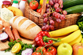 еда, разное, хлеб, колбаса, сыр, фрукты, овощи